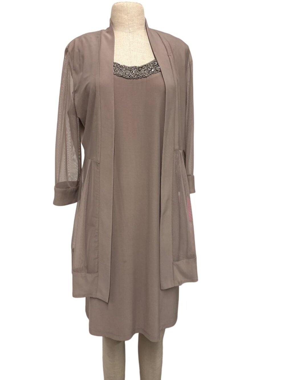 R&M Collection Taupe Dress & Sheer Cardigan Set Size 10 Beaded Neckline Elegant